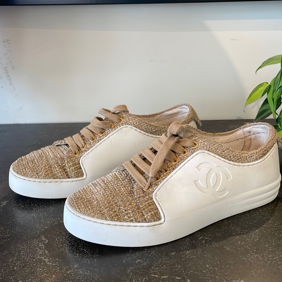 CHANEL Shoes - CHANEL Fantasy Tweed Sneakers - Beige Gold